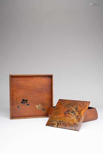 A JAPANESE LACQUERED KEYAKI WOOD BOX, COVER AND TRAY TAISHO ...