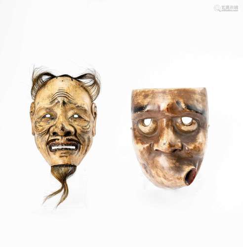 TWO JAPANESE LACQUERED WOOD NOH MASKS EDO OR MEIJI, 19TH CEN...