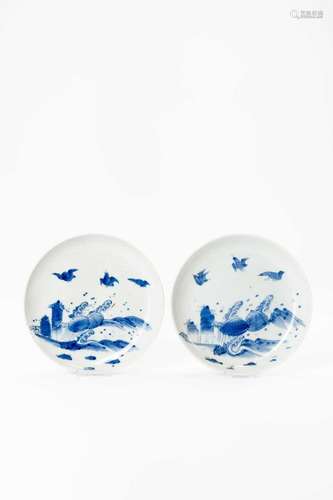 A PAIR OF JAPANESE HIRADO BLUE AND WHITE DISHESEDO OR MEIJI,...