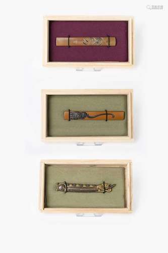 THREE JAPANESE MIXED METAL KOZUKA (KNIFE HANDLES) EDO OR MEI...