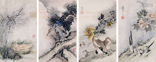 劉錫玲 花鳥 四屏 設色紙本-鏡心