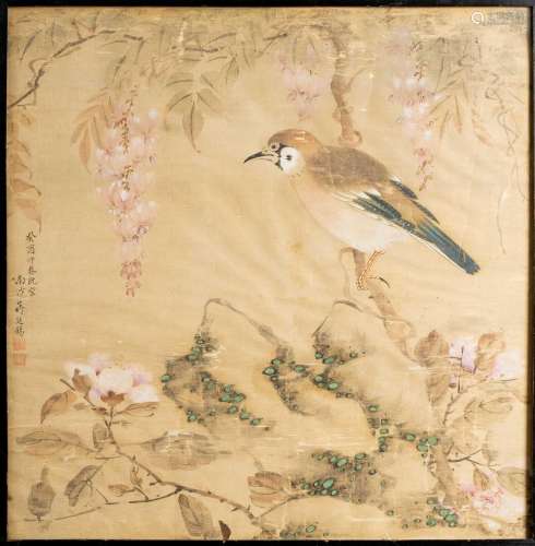 ATTRIBUTED TO JIANG TINGXI (QING DYNASTY)A JAY BENEATH WISTE...