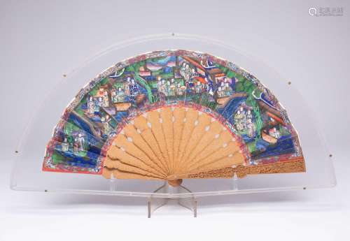 A CHINESE PAPER FAN19TH CENTURYThe paper leaf painted with f...