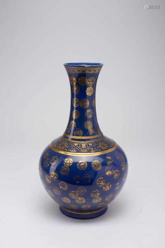 A CHINESE GILT-DECORATED BLUE GROUND MEDALLION VASESIX CHARA...