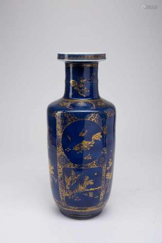 A CHINESE GILT-DECORATED BLUE-GROUND ROULEAU VASELATE QING D...