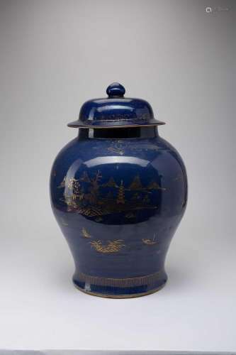 A LARGE CHINESE GILT-DECORATED BLUE-GROUND ‘LANDSCAPE’ BALUS...