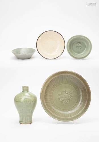 THREE CHINESE CELADON ITEMS, A DINGYAO DISH AND A KOREAN BOW...