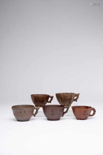 FIVE CHINESE YIXING TEA CUPS18TH CENTURYVariously shaped, ea...