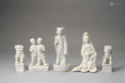 FIVE CHINESE BLANC DE CHINE FIGURES18TH CENTURYComprising: a...