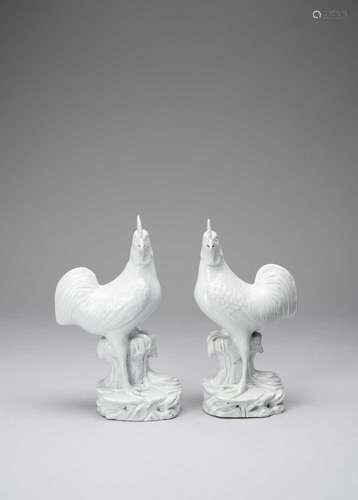 A PAIR OF BLANC DE CHINE MODELS OF COCKERELSKANGXI 1662-1722...