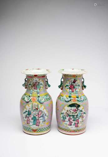 A PAIR OF CHINESE CANTON FAMILLE ROSE VASESLATE QING DYNASTY...