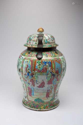 A LARGE CHINESE CANTON FAMILLE ROSE BALUSTER VASE AND COVER1...