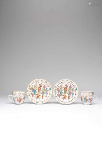 A PAIR OF CHINESE FAMILLE ROSE TEA CUPS AND SAUCERSSIX CHARA...