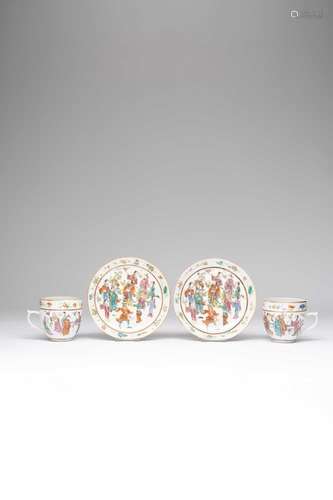 A PAIR OF CHINESE FAMILLE ROSE TEA CUPS AND SAUCERSSIX CHARA...