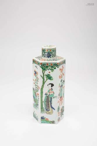 A SAMSON HEXAGONAL FAMILLE VERTE VASE AND COVERLATE 19TH CEN...