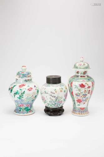 THREE CHINESE FAMILLE ROSE VASES19TH CENTURYVariously painte...