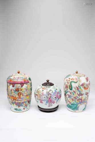 A PAIR OF CHINESE FAMILLE ROSE \'BOYS\' VASES AND COVERS 19T...