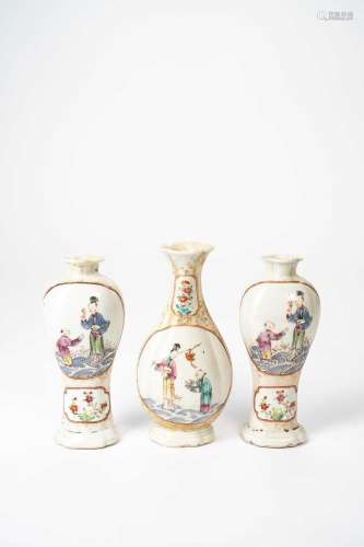 THREE CHINESE FAMILLE ROSE VASES 18TH CENTURYWith moulded bo...