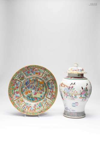 A CHINESE CANTON FAMILLE ROSE BOWL AND A BALUSTER VASE AND C...