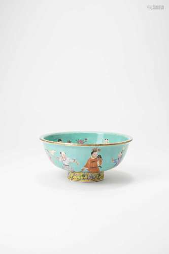 A CHINESE FAMILLE ROSE TURQUOISE-GROUND \'BOYS\' BOWLQING DY...