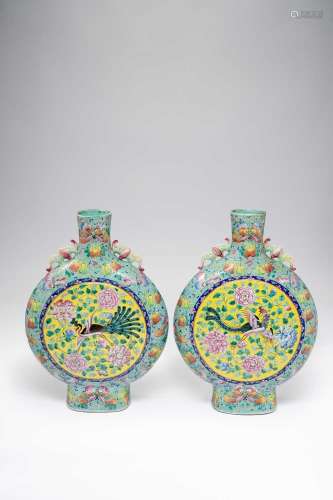 A LARGE PAIR OF CHINESE FAMILLE ROSE TURQUOISE-GROUND MOONFL...