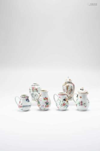 FOUR CHINESE FAMILLE ROSE SPARROW-BEAK JUGS AND TWO TEA CANI...