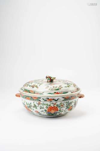 A CHINESE FAMILLE VERTE BIRDS AND FLOWERS TUREEN AND COVERKA...