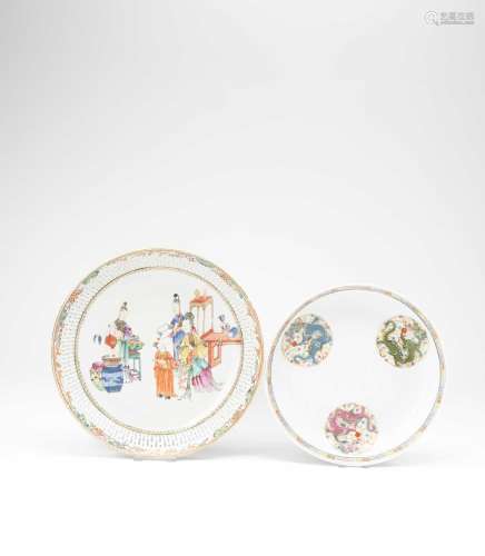 TWO CHINESE FAMILLE ROSE DISHESQING DYNASTYThe larger painte...