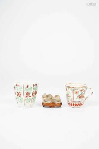 TWO CHINESE BLANC DE CHINE EUROPEAN DECORATED CUPS AND A SMA...