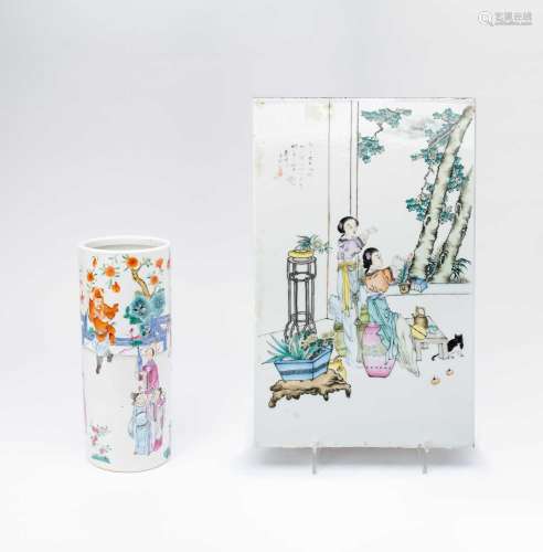 A CHINESE FAMILLE ROSE CYLINDRICAL VASE AND RECTANGULAR PLAQ...