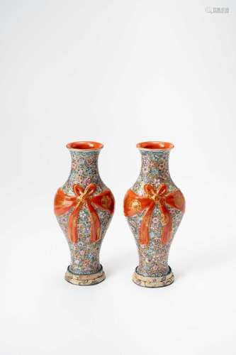 A PAIR OF CHINESE MILLEFLEURS VASES20TH CENTURYEach tied wit...