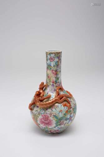 A SMALL CHINESE FAMILLE ROSE MILLEFLEURS BOTTLE VASELATE QIN...