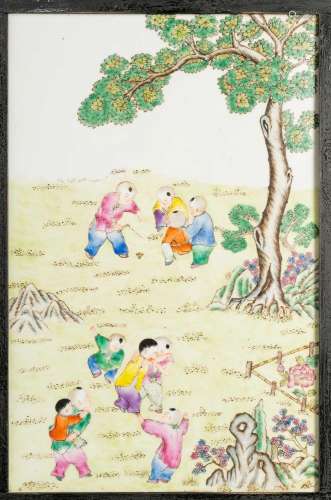 A PAIR OF CHINESE FAMILLE ROSE \'BOYS\' PANELS20TH CENTURYEa...