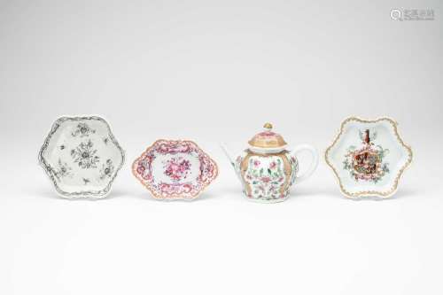A CHINESE FAMILLE ROSE OCTAGONAL TEAPOT AND COVER, TWO TEAPO...