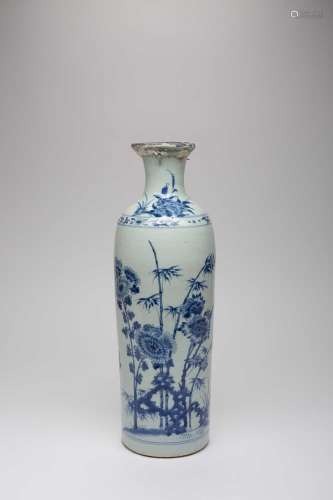 A CHINESE BLUE AND WHITE TALL CYLINDRICAL VASETRANSITIONAL P...