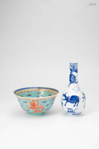 A CHINESE TURQUOISE GROUND \'DRAGON\' BOWL AND A BLUE AND WH...