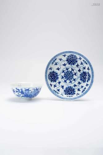 A CHINESE BLUE AND WHITE LOTUS DISH AND A BOWLLATE QING DYNA...