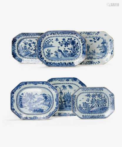 SIX CHINESE BLUE AND WHITE RECTANGULAR MEAT PLATES18TH CENTU...