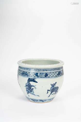 A CHINESE BLUE AND WHITE \'MYTHICAL BEAST\' BRUSHWASHER, BIH...