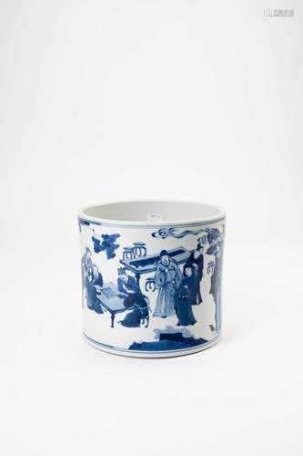 † †A CHINESE BLUE AND WHITE CYLINDRICAL BRUSH POT, BITONGMOD...