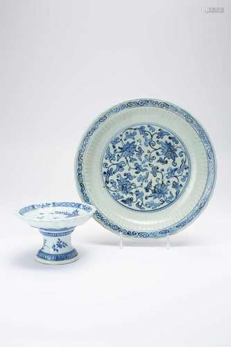 A CHINESE BLUE AND WHITE ‘LOTUS’ DISH AND A MOULDED STAND 16...