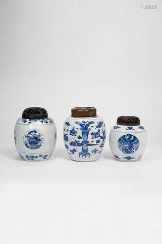 THREE CHINESE BLUE AND WHITE OVOID VASESKANGXI 1662-1722Two ...