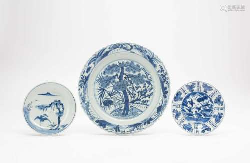 THREE CHINESE BLUE AND WHITE DISHESLATE MING DYNASTYThe larg...