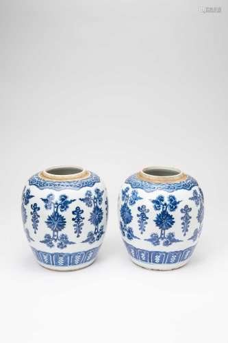 A PAIR OF CHINESE BLUE AND WHITE OVOID \'LOTUS\' VASESKANGXI...