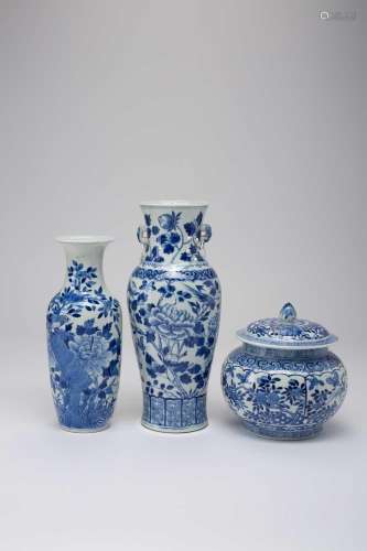TWO CHINESE BLUE AND WHITE VASES AND A JAR AND COVERLATE QIN...