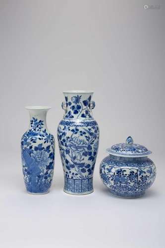 TWO CHINESE BLUE AND WHITE VASES AND A JAR AND COVERLATE QIN...