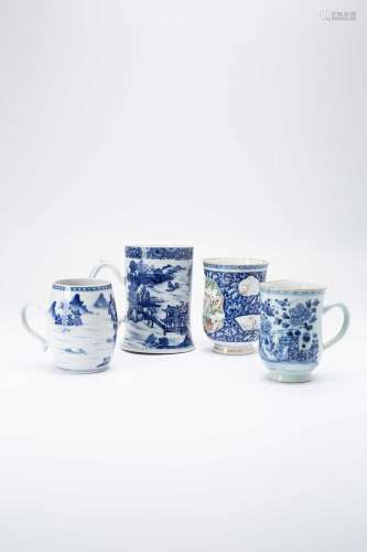 FOUR CHINESE BLUE AND WHITE MUGS18TH CENTURYTwo painted with...