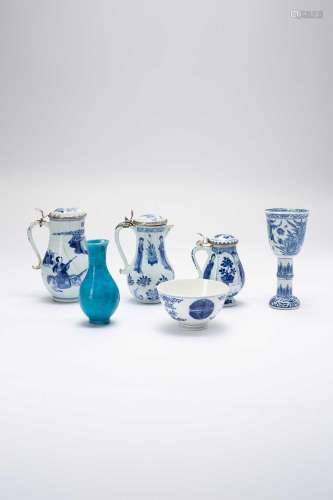 THREE CHINESE BLUE AND WHITE JUGS 18TH CENTURYWith hinged me...