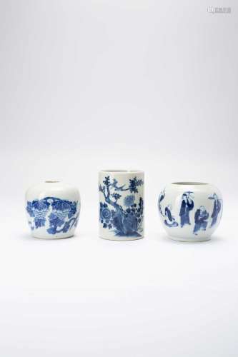 A CHINESE BLUE AND WHITE BRUSHPOT AND TWO OVOID VASESLATE QI...
