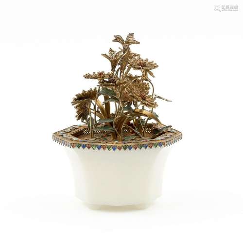 GILT SILVER FILIGREE ENAMELED JADE FLOWERS POT